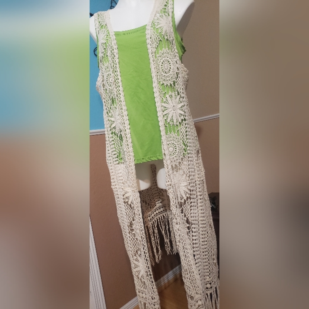 Long crochetted duster sleeveless beige